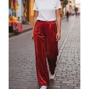 A New Day Pants Womens XL Red Stretch Velvet Velour Wide Leg High Rise Pockets